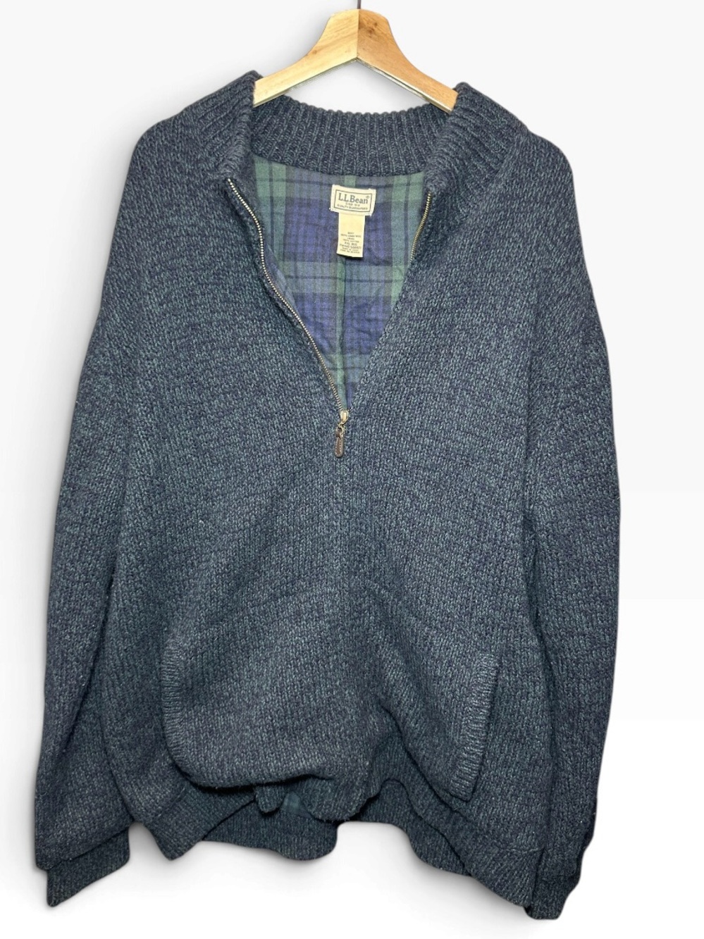 LL Bean Classic Ragg Wool Sweater Mens Siz 2XL green/Blue Full Zip Flannel Lined